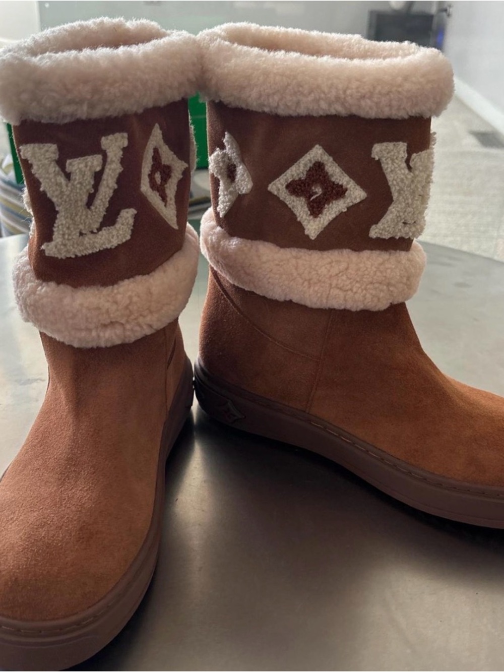 Louis Vuitton Brown Suede Shearling Logo Boots